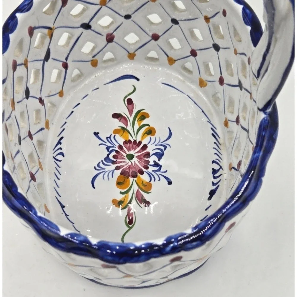 Vintage Portugal Hand Painted Reticulated Ceramic Basket Open Weave Figurine